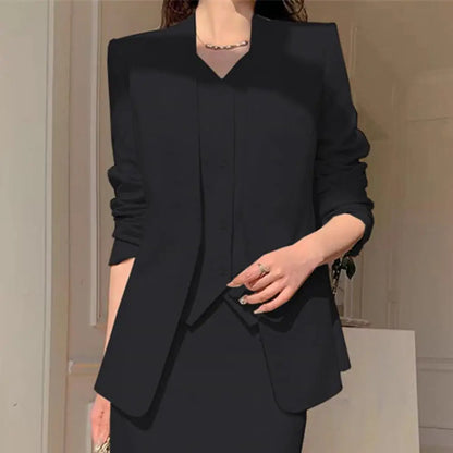 Elegant 2-Piece Business Suit Set - Professional Blazer & High Waist Midi Skirt