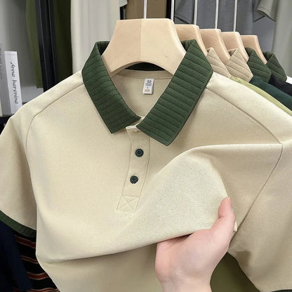 2025 New Patchwork Summer Men Polo Shirts Lapel Half Button Shoet Sleeve Busniess Korean Fashion Casual Men Tops