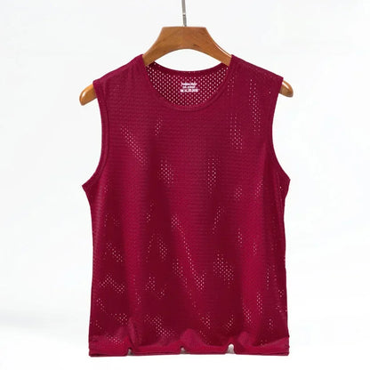 Men Tops Ice Silk Vest Outer Wear Quick-Drying Mesh Hole Breathable Sleeveless T-Shirts Summer Cool Vest Beach Travel Tanks