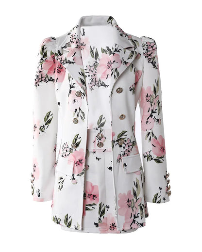 Fashion Versatile Matching Suit and Skirt Women's Casual Floral Print Puff Sleeve Blazer Coat & Skirt Set Ladies Two Piece Suit