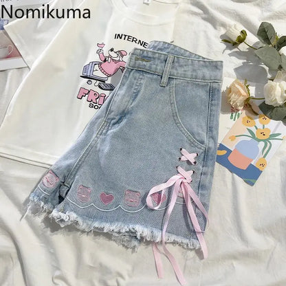 Japanese Denim Shorts Women 2025 New Bottoms Hig Waist Embroidery Bandage Pants Tunic Cute Shorts Pantalones Cortos De Mujer