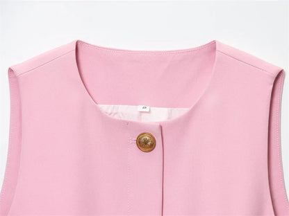 Chic Pink 2-Piece Casual Set - Flared Hem Vest & Wide Leg Pants