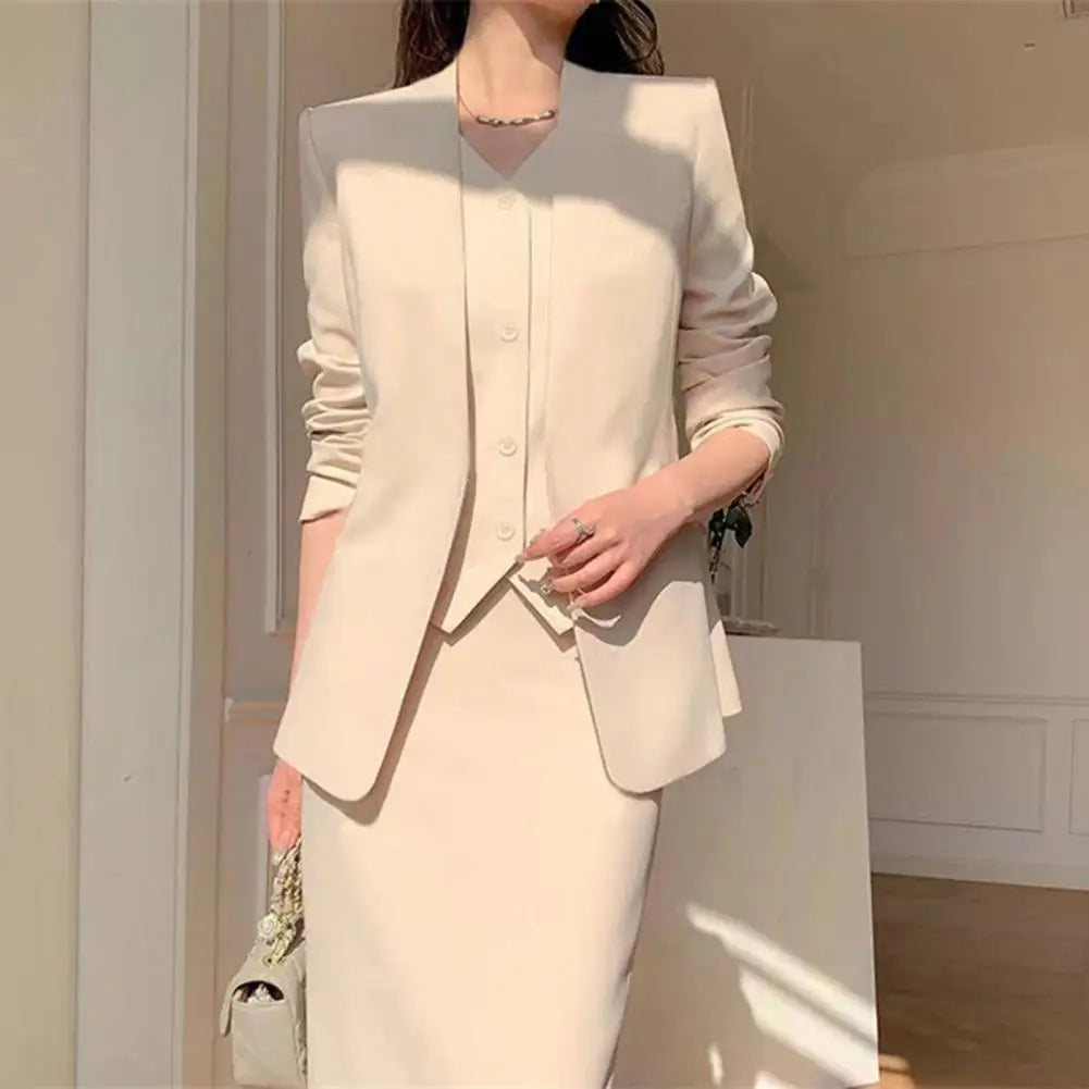 Elegant 2-Piece Business Suit Set - Professional Blazer & High Waist Midi Skirt