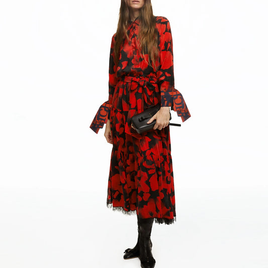 2025 Women Skirts Sets Long Sleeved Shirts Silk Ribbon Design Pleated Long Skirt Temperament Casual Office Ladies Skirts Suits