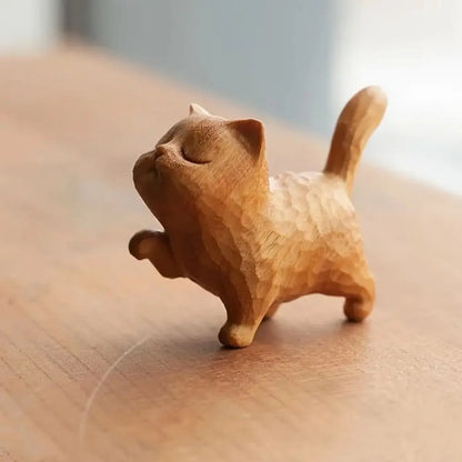 Cat Model Crafts Hand-carved Wooden Cat Statue Cute Tiny Cat Sculpture Cartoon Creative Animal Figurine Kids Gifts