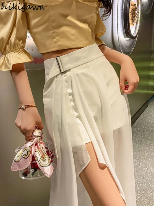 White Skirts for Women Temperament Summer Jupe 2025 Faldas Mujer De Moda High Waist Patchwork Chiffon Skirt Chic Korean Saia