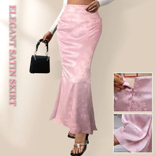 Pink Satin Skirts For Woman Floral PRINT Skort Office Lady Casual Simple A Line Straight Pencil Long Midi Skirt Female Like Silk