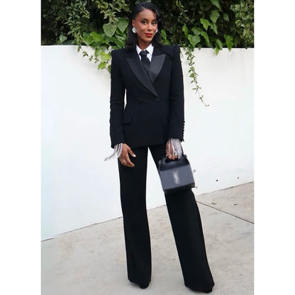 Black Women Suit Customized Double Buttons Stain Peaked Lapel Two Pieces(Jacket+Pants) Modern Female Set for Formal Occasions