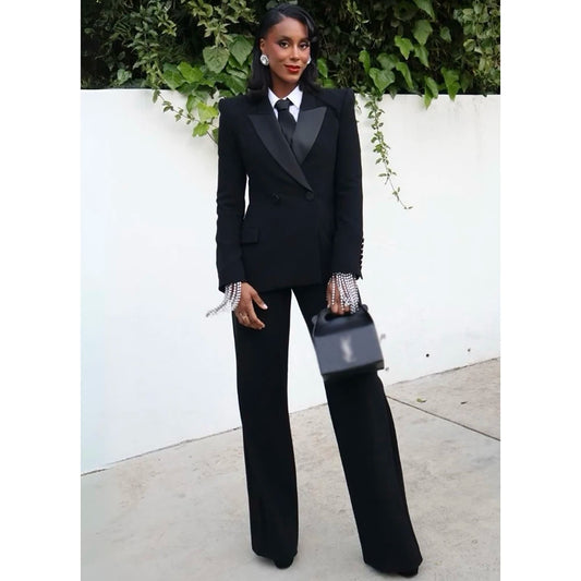 Black Women Suit Customized Double Buttons Stain Peaked Lapel Two Pieces(Jacket+Pants) Modern Female Set for Formal Occasions