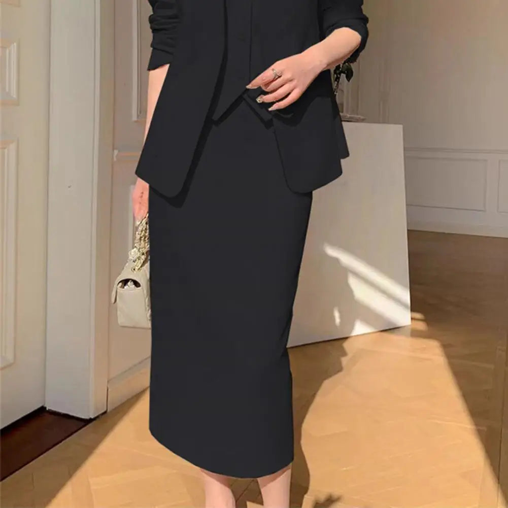 Elegant 2-Piece Business Suit Set - Professional Blazer & High Waist Midi Skirt