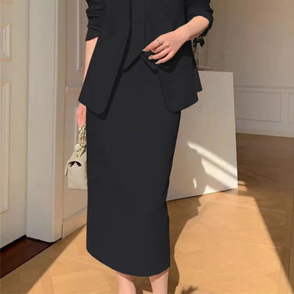 Elegant 2-Piece Business Suit Set - Professional Blazer & High Waist Midi Skirt
