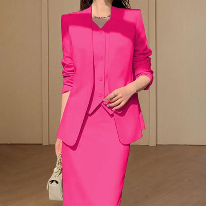 Elegant 2-Piece Business Suit Set - Professional Blazer & High Waist Midi Skirt