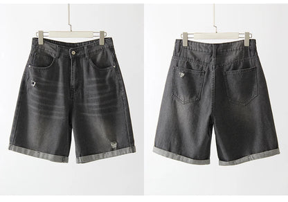 Women Denim Shorts Ripped Wide Leg Black High Waist Short Jeans Straight Leg Blue Denim Shorts For Women Summer Jean Shorts