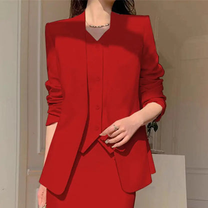 Elegant 2-Piece Business Suit Set - Professional Blazer & High Waist Midi Skirt