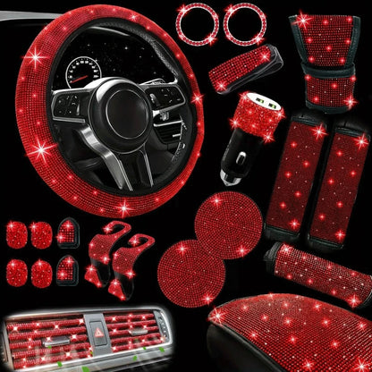 Car Accessories Set 30 Piece Women Bling Universal Steering Wheel Cover Shiny Air Outlet Coasters Tools Hook L Hand Brake Etc.