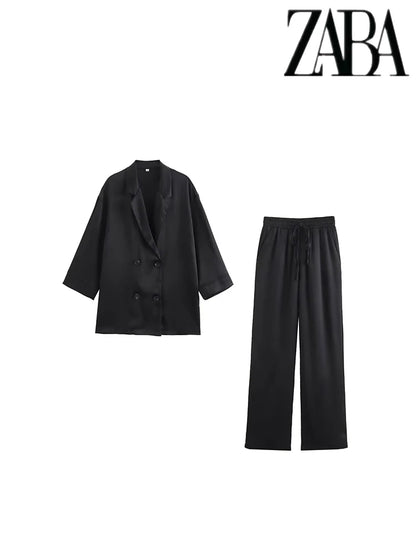 TRAF Women's Pure Colour Casual Commuter Suit Suit Double Breasted Lapel Jacket High Waisted Wide Leg Pants Women's Two Pieces