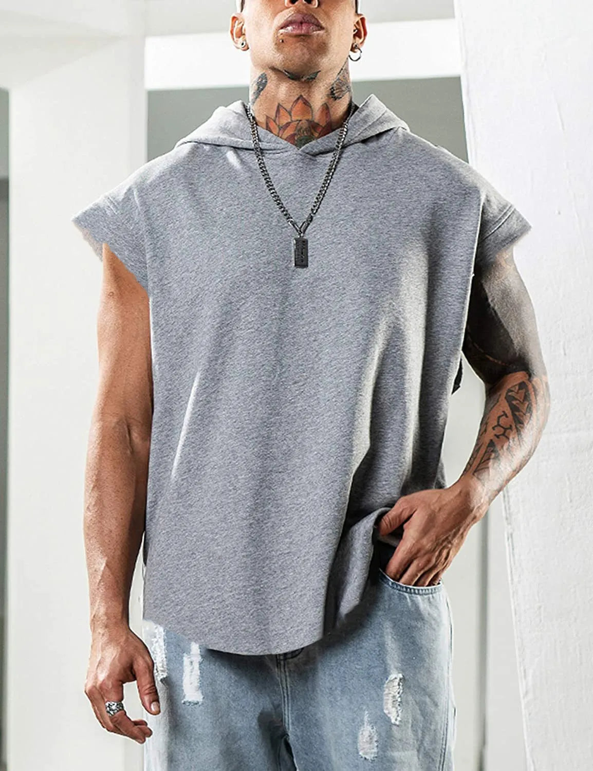2025 Men Tank Top  Fitness Training Pullover Leisure Fashion Sleeve Men's Hooded Vest Solid Color Tank Tops For Male