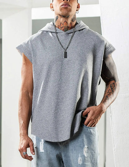 2025 Men Tank Top  Fitness Training Pullover Leisure Fashion Sleeve Men's Hooded Vest Solid Color Tank Tops For Male
