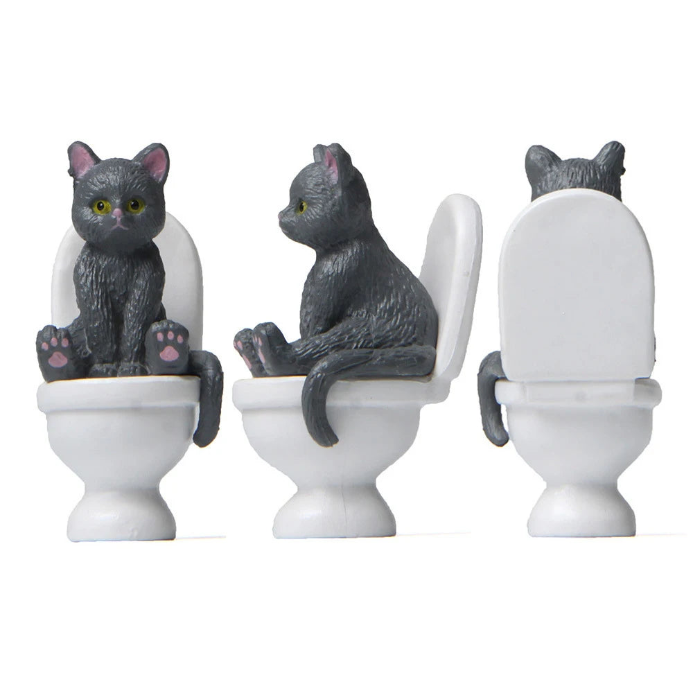 Cat Sit On Figurines Toilet Cat Ornament Kawaii Cat Doll Micro Landscape Fairy Garden Miniature for Kids Cat Toy Home Decoration