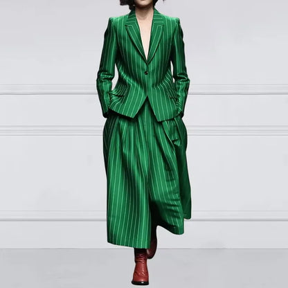 Beautyblue Blazer Set Women's Trouser Suit Outerwear Striped Trousers New Vintage Loose Wide Leg Long Sleeves Suit Costume Femme