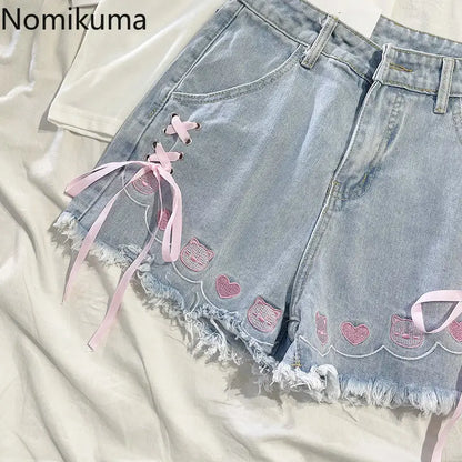 Japanese Denim Shorts Women 2025 New Bottoms Hig Waist Embroidery Bandage Pants Tunic Cute Shorts Pantalones Cortos De Mujer