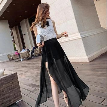 White Skirts for Women Temperament Summer Jupe 2025 Faldas Mujer De Moda High Waist Patchwork Chiffon Skirt Chic Korean Saia