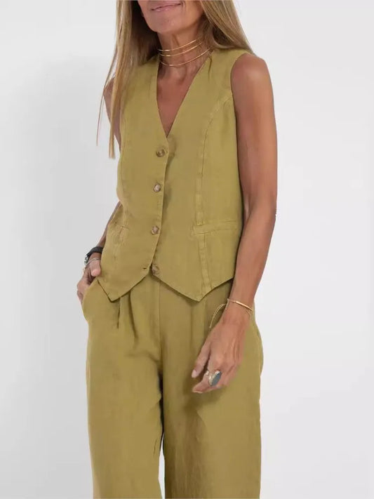 Trendy Vest & Pants Suit Set - Sleeveless 2-Piece with Color Block Stitching