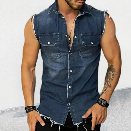 Tank Tops Men Tops Turn Down Collar Tees Sleeveless Loose 2025 Distressed Denim Washed Summer Spliced Covered Button Casual
