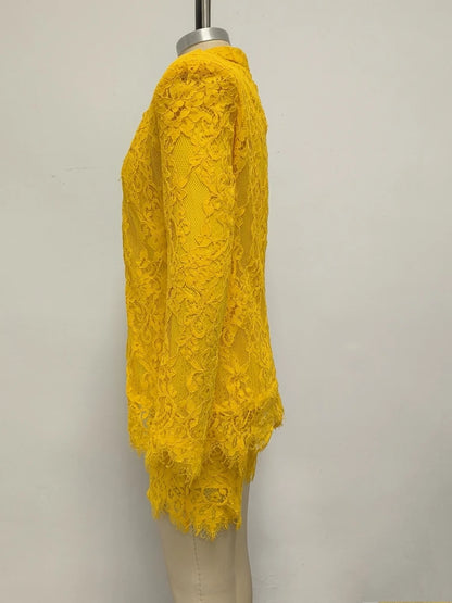 Women Lace Suit 3 Piece Set Sexy Yellow Short Top + Single Button Blazer + Shorts Sets Jacket Coat Suits Party Evening Cocktail