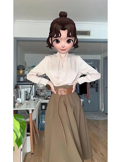 Women's skirt suit women's spring new casual temperament Joker shirt women's high waist A-shaped skirt two-piece suit