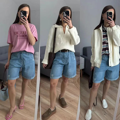 Women Denim Shorts Ripped Wide Leg Black High Waist Short Jeans Straight Leg Blue Denim Shorts For Women Summer Jean Shorts