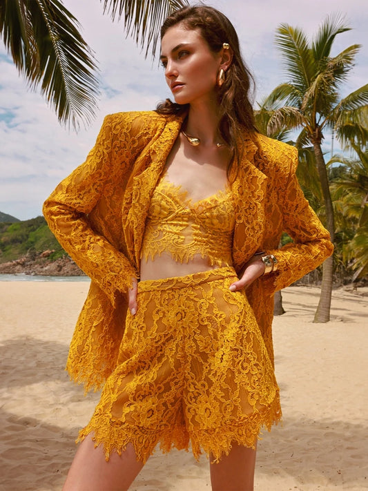 Women Lace Suit 3 Piece Set Sexy Yellow Short Top + Single Button Blazer + Shorts Sets Jacket Coat Suits Party Evening Cocktail