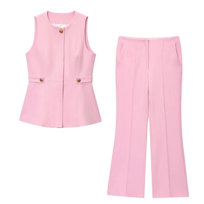 Chic Pink 2-Piece Casual Set - Flared Hem Vest & Wide Leg Pants