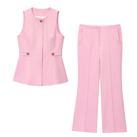 Chic Pink 2-Piece Casual Set - Flared Hem Vest & Wide Leg Pants