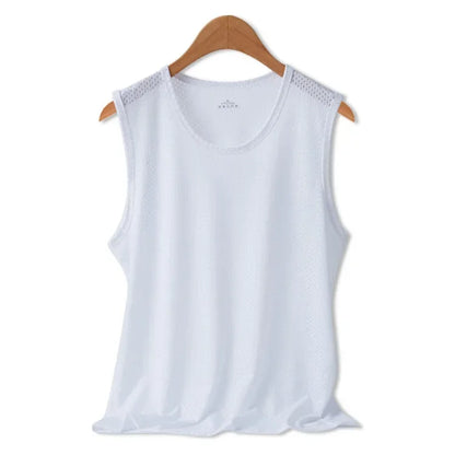 Men Tops Ice Silk Vest Outer Wear Quick-Drying Mesh Hole Breathable Sleeveless T-Shirts Summer Cool Vest Beach Travel Tanks