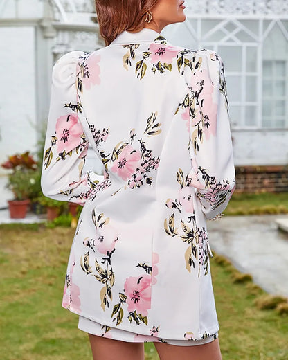 Fashion Versatile Matching Suit and Skirt Women's Casual Floral Print Puff Sleeve Blazer Coat & Skirt Set Ladies Two Piece Suit