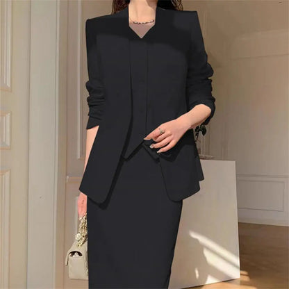 Elegant 2-Piece Business Suit Set - Professional Blazer & High Waist Midi Skirt