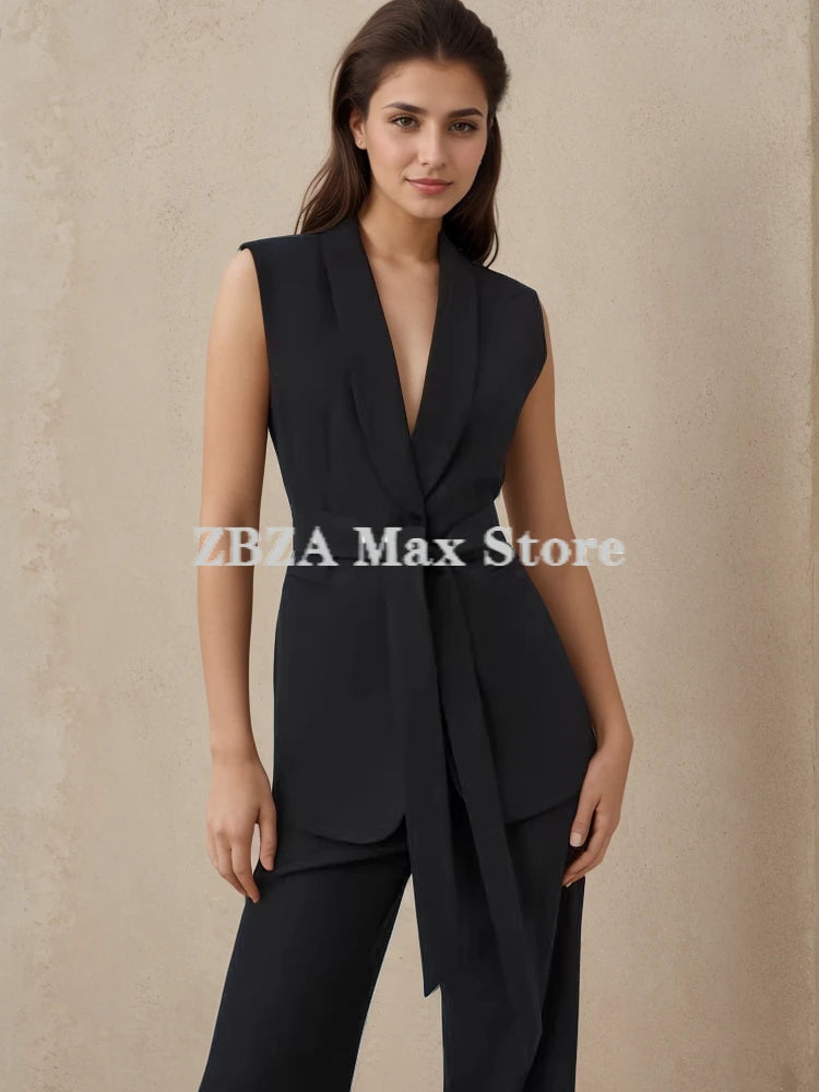 Elegant Sleeveless Vest Suit Set - Lapel Blazer Vest with Matching High Waist Pants