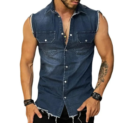 Tank Tops Men Tops Turn Down Collar Tees Sleeveless Loose 2025 Distressed Denim Washed Summer Spliced Covered Button Casual