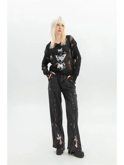 Women Clothing Black Gothic Jeans Pink Cross Y2k Oversize Loose Aesthetic Denim Trousers Harajuku Korean 2000s Jean Trashy Pants