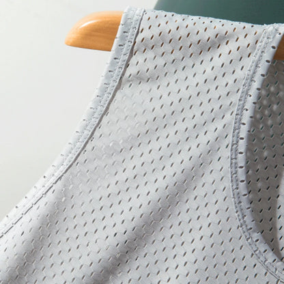 Men Tops Ice Silk Vest Outer Wear Quick-Drying Mesh Hole Breathable Sleeveless T-Shirts Summer Cool Vest Beach Travel Tanks