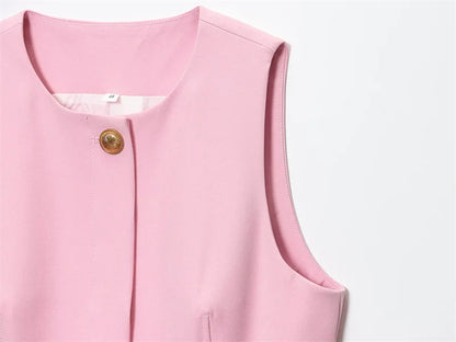 Chic Pink 2-Piece Casual Set - Flared Hem Vest & Wide Leg Pants