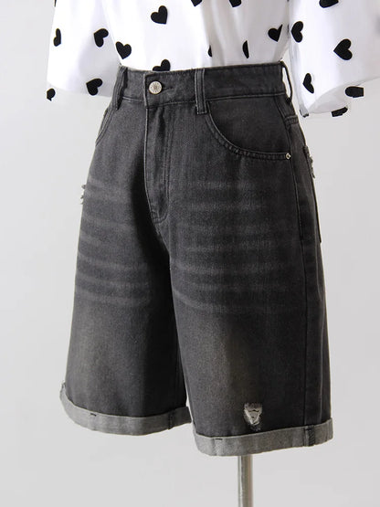 Women Denim Shorts Ripped Wide Leg Black High Waist Short Jeans Straight Leg Blue Denim Shorts For Women Summer Jean Shorts