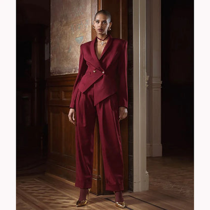 Burgundy Women's Suit Customied Modern Office Lady Suit Double-breasted Two Pieces (Irregular Jacket+Harem Pants) Daily Set