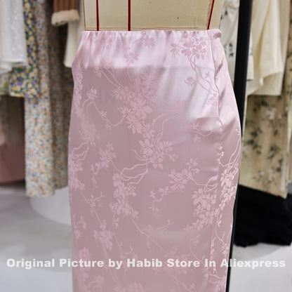 Pink Satin Skirts For Woman Floral PRINT Skort Office Lady Casual Simple A Line Straight Pencil Long Midi Skirt Female Like Silk
