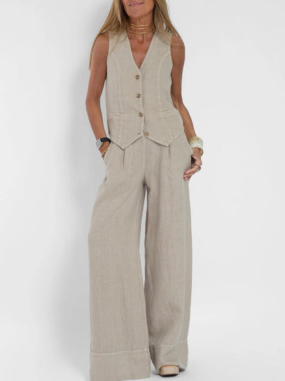 Trendy Vest & Pants Suit Set - Sleeveless 2-Piece with Color Block Stitching