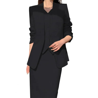 Elegant 2-Piece Business Suit Set - Professional Blazer & High Waist Midi Skirt