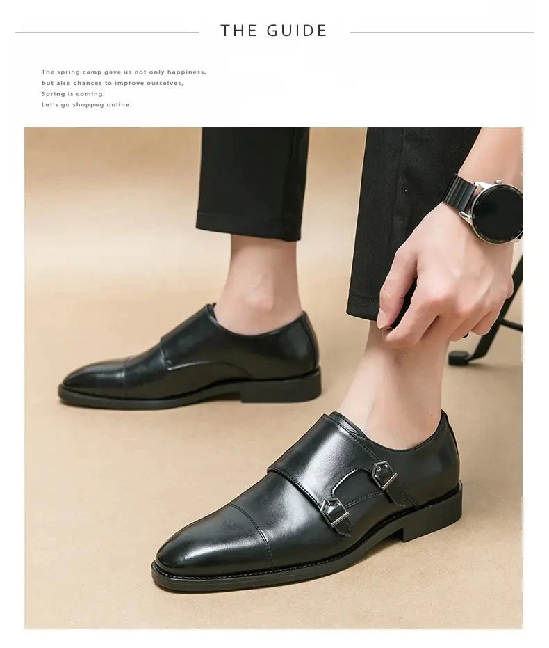 Men Business Dress Shoes Black Brown Side Double Button Leather Shoes European Fashion Versatile Suit Le Fu Shoes Size 38-46