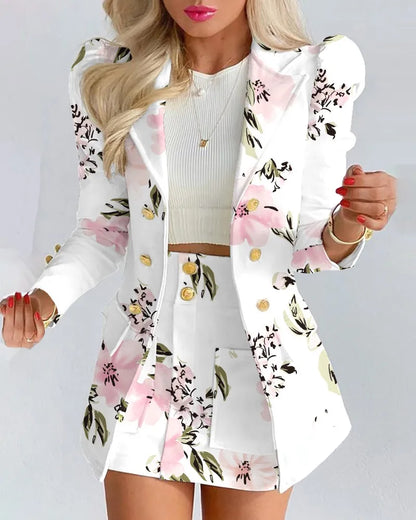 Fashion Versatile Matching Suit and Skirt Women's Casual Floral Print Puff Sleeve Blazer Coat & Skirt Set Ladies Two Piece Suit