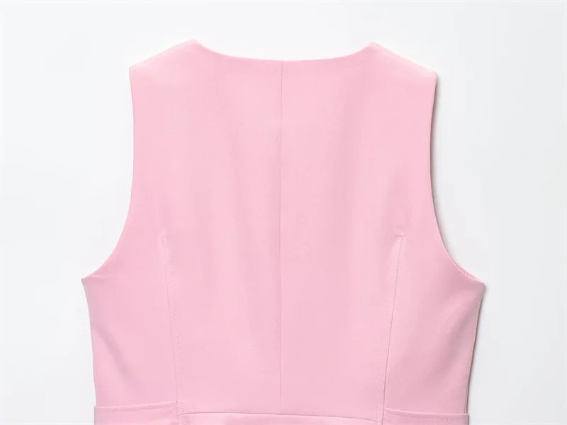 Chic Pink 2-Piece Casual Set - Flared Hem Vest & Wide Leg Pants